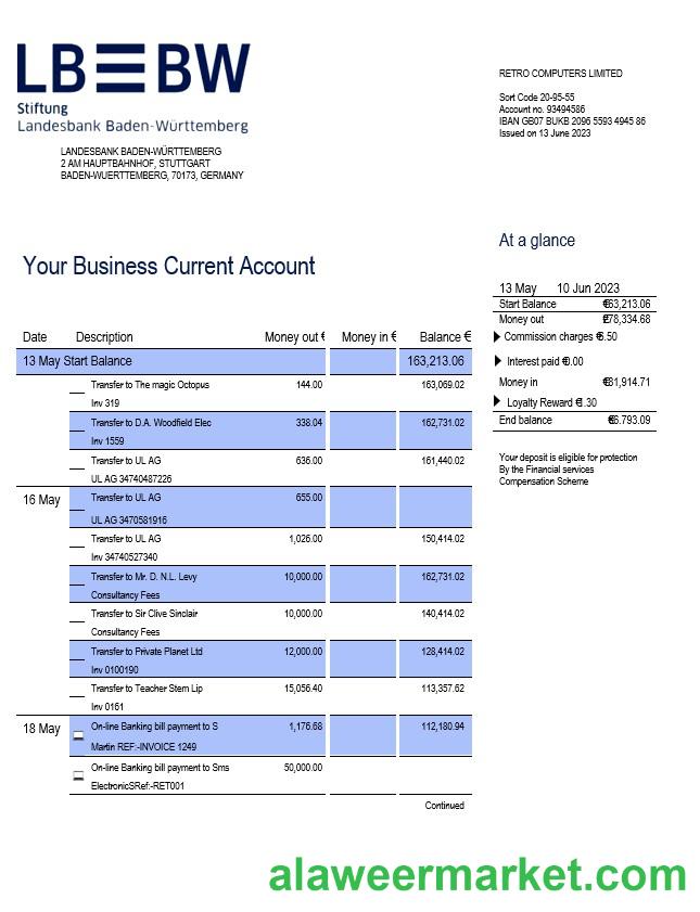 Landesbank Baden-Württemberg enterprise account statement Word and PDF template